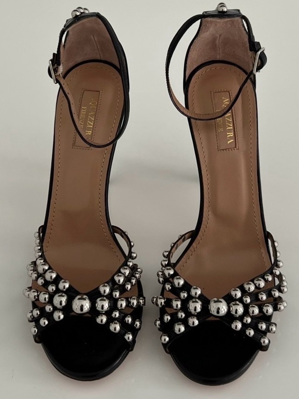 AQUAZZURA BLACK LEATHER SILVER STUDDED SANDALS SIZE IT 38 / US 8 - Picture 4 of 17